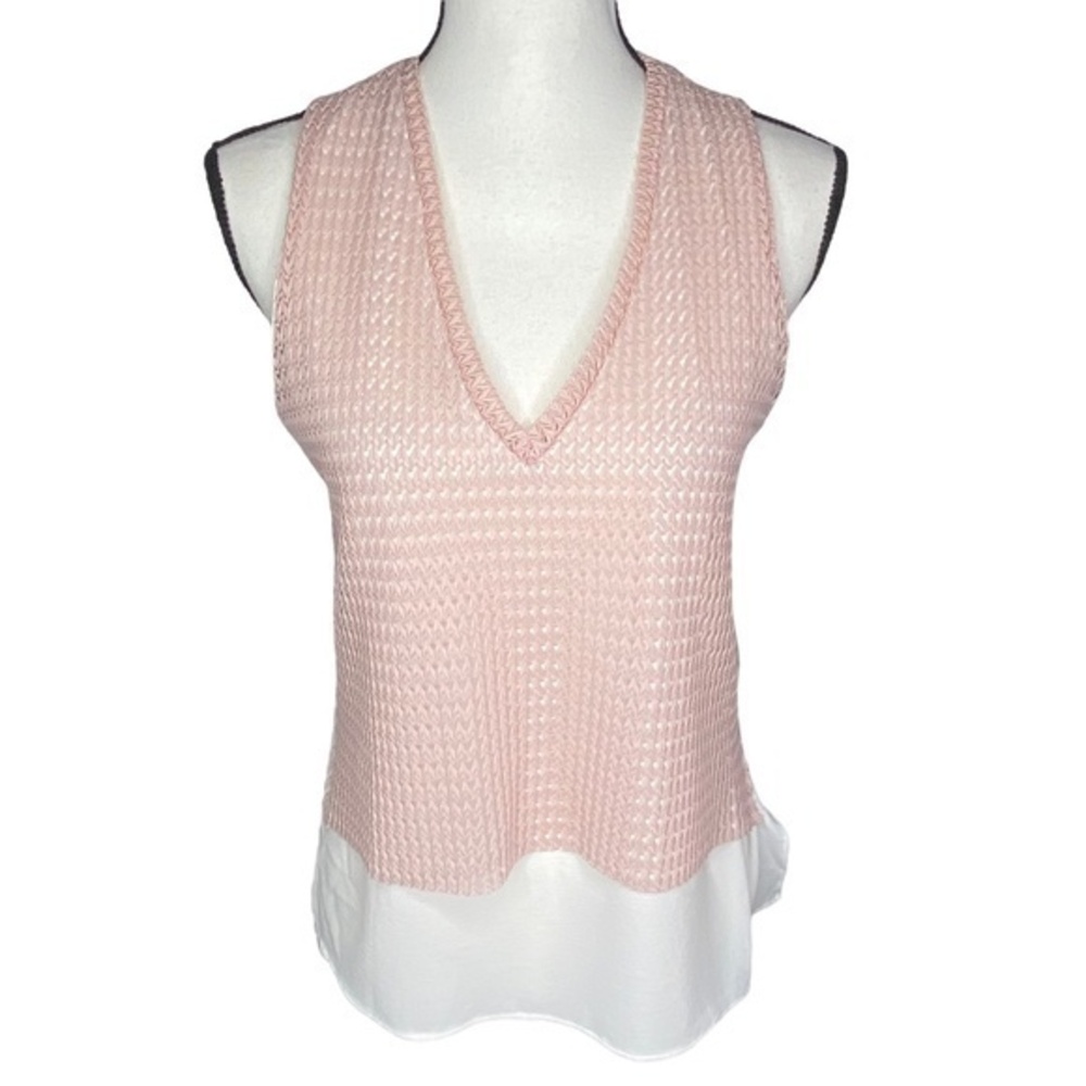 Zara Top Pink Cut Out Lace‎ Overlay White Hi Lo V Neck Sleeveless Blouse Size S